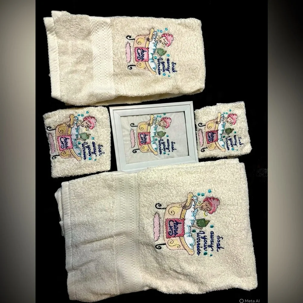 Handmade Embroidered Cream 7 Piece Bath Towel Set with Pink Bathing Design